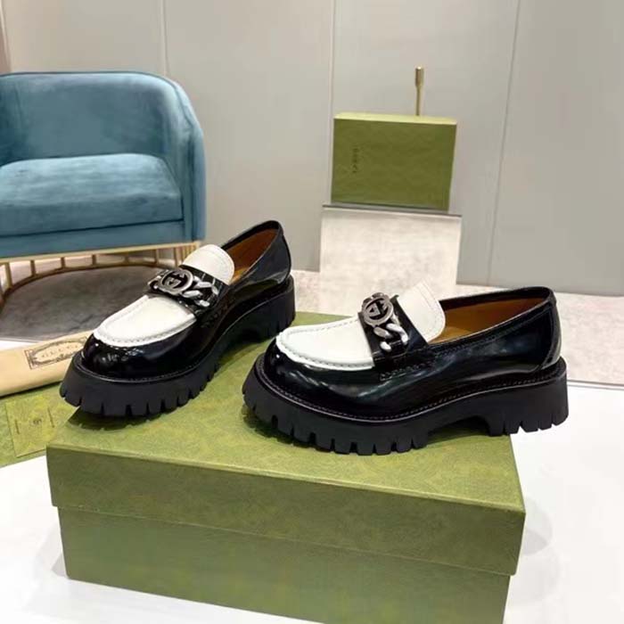 Gucci Unisex GG Loafer Interlocking G Black Off White Leather Rubber Lug Mid 4.3 CM Heel
