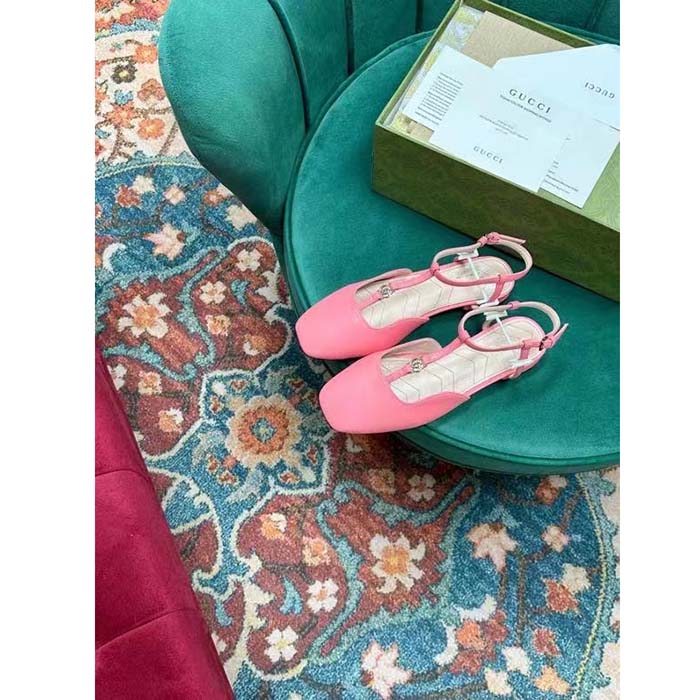 Gucci Women GG Double G Ballet Flat Pink Leather Square Toe 1.5 CM Heel
