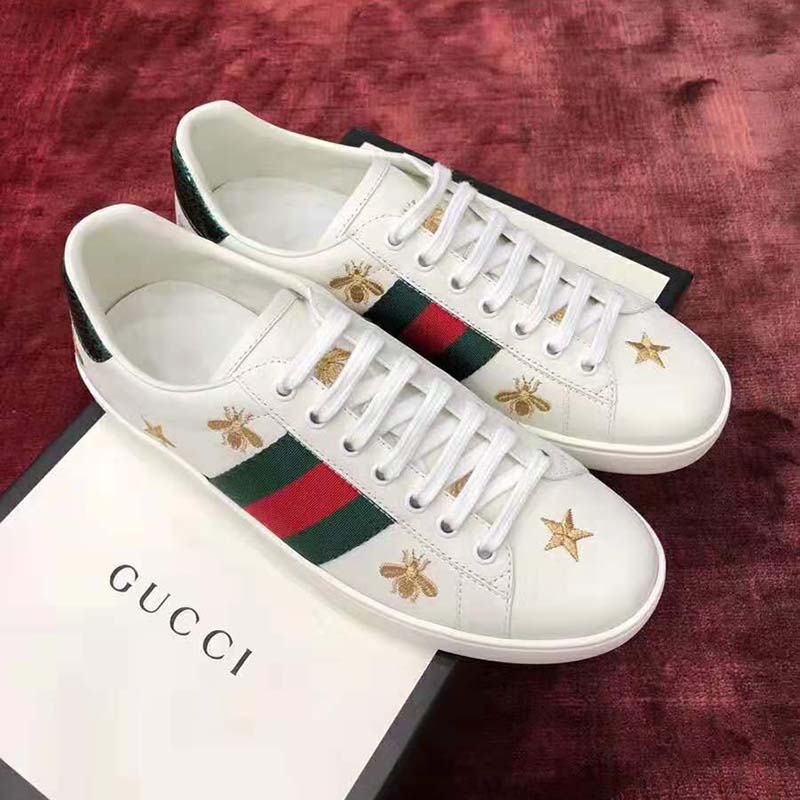 Gucci Men’s Ace Embroidered Sneaker in White Leather with Bees and Stars
