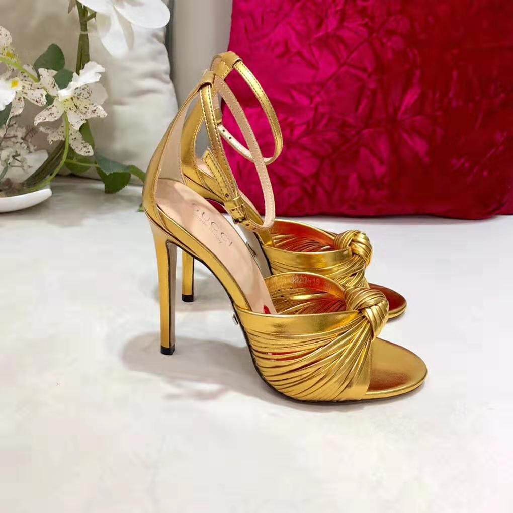 Gucci Women Metallic Leather Sandal in 10.4cm Heel Height-Gold