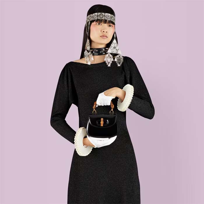 Gucci Women Bamboo 1947 Mini Top Handle Bag Black Patent Leather