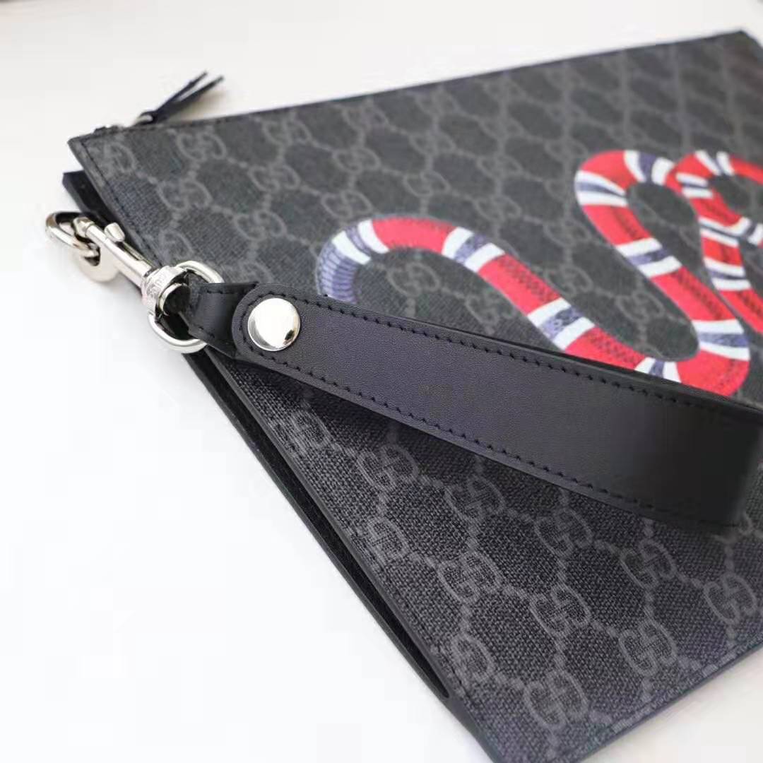 Gucci GG Men Gucci Bestiary Pouch with Kingsnake in Black/Grey GG Supreme Canvas