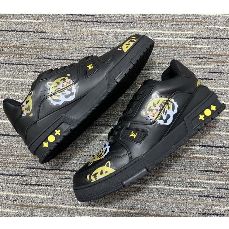 Louis Vuitton LV Unisex Trainer Sneaker Black Printed Calf Leather Rubber Outsole