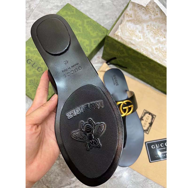 Gucci Women GG Leather Thong Sandal Double G Black Flat