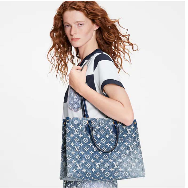 Louis Vuitton LV Unisex Onthego MM Tote Navy Blue Denim Jacquard Textile Calf