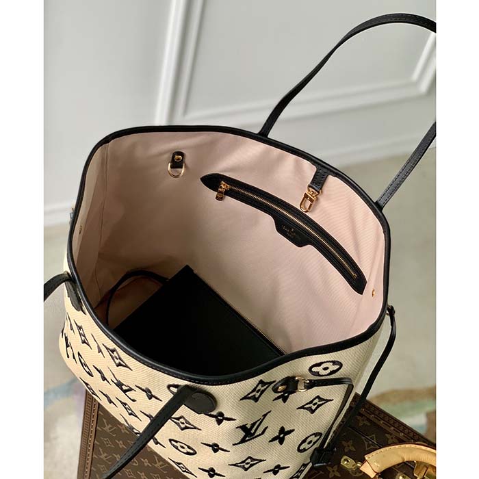 Louis Vuitton LV Unisex Neverfull MM Black Lotus Cotton Cowhide Leather