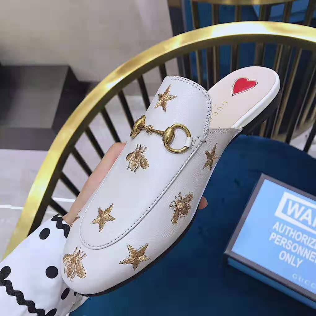 Gucci Women Princetown Embroidered Leather Slipper 1.27cm Heel-White