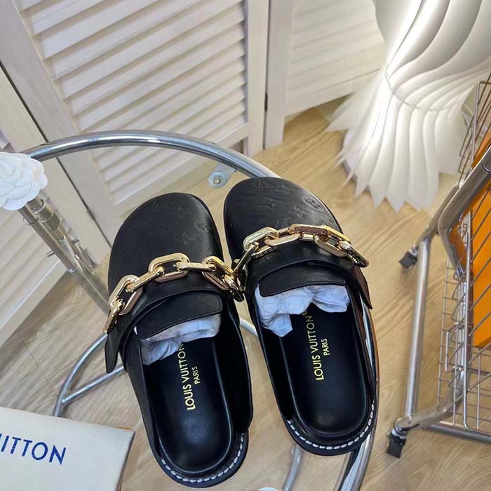 Louis Vuitton LV Unisex Cosy Flat Comfort Clog Black Monogram-Embossed Calf Leather