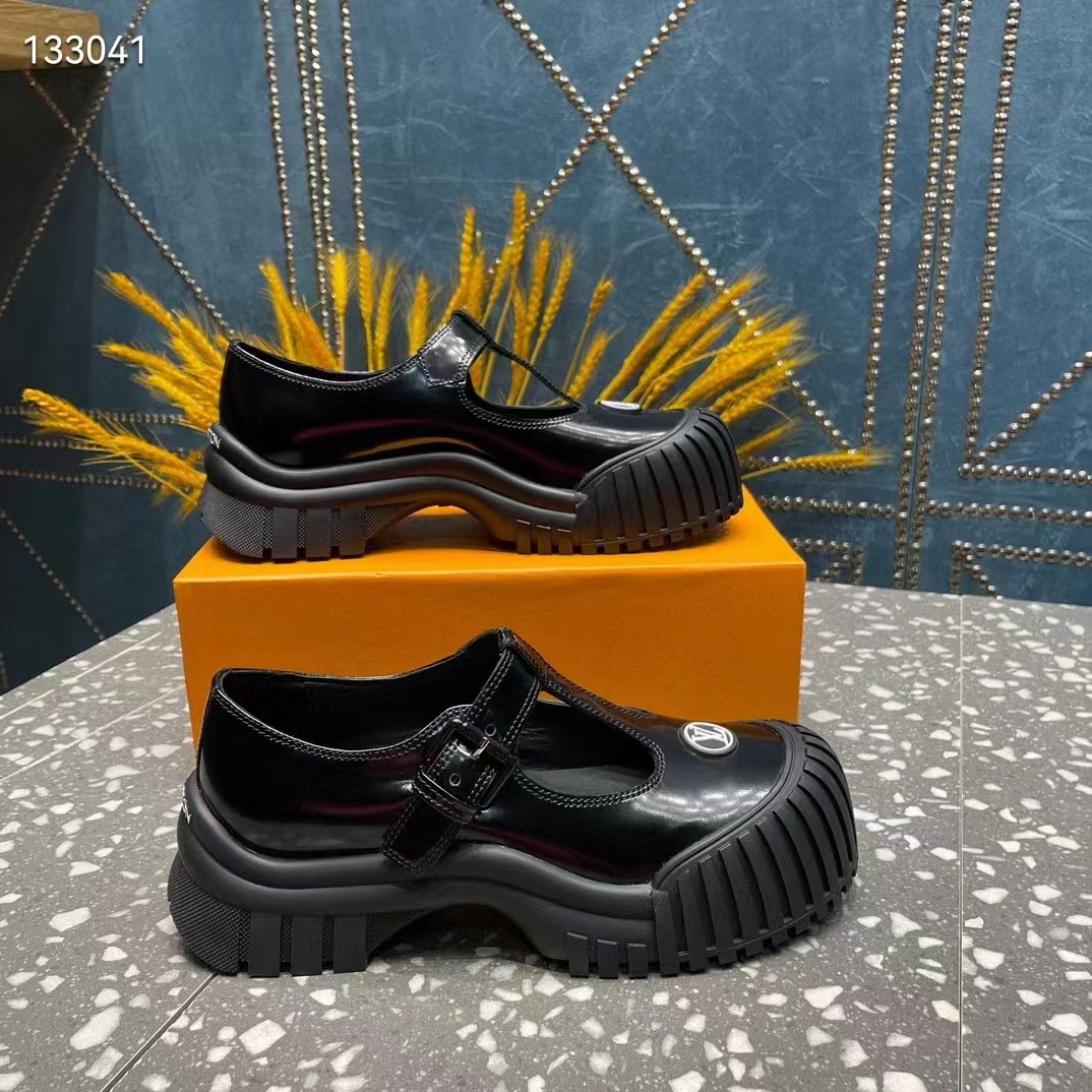 Louis Vuitton Women Ruby Flat Mary Jane Black Calf Leather Rubber LV Circle Signature