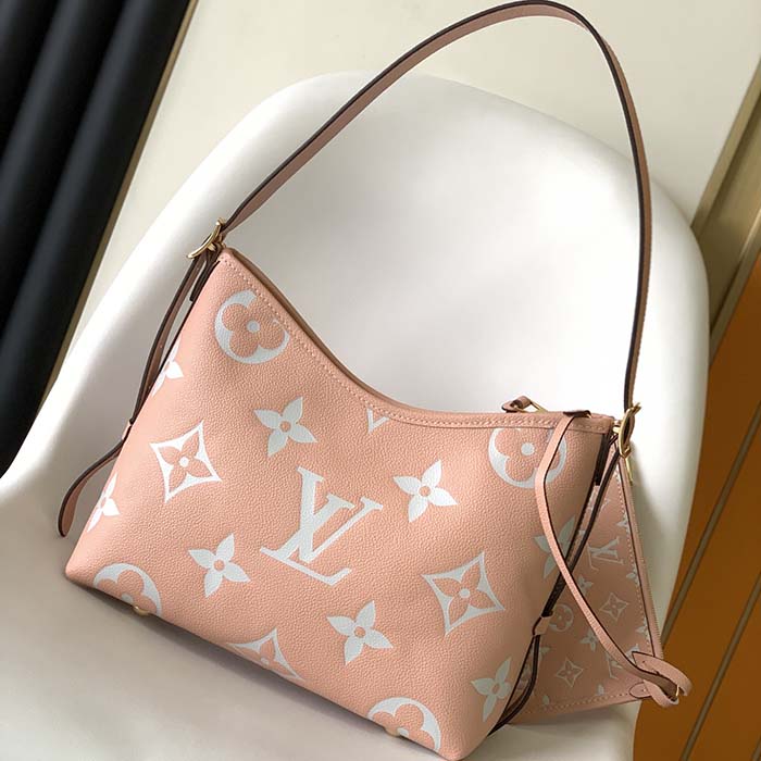 Louis Vuitton LV Women CarryAll PM Bag Pink Beige Embossed Supple Grained Cowhide Leather