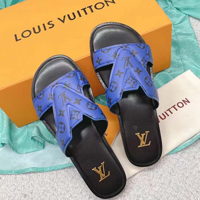 Louis Vuitton LV Unisex Oasis Mule Blue Monogram Grained Calf Leather Rubber