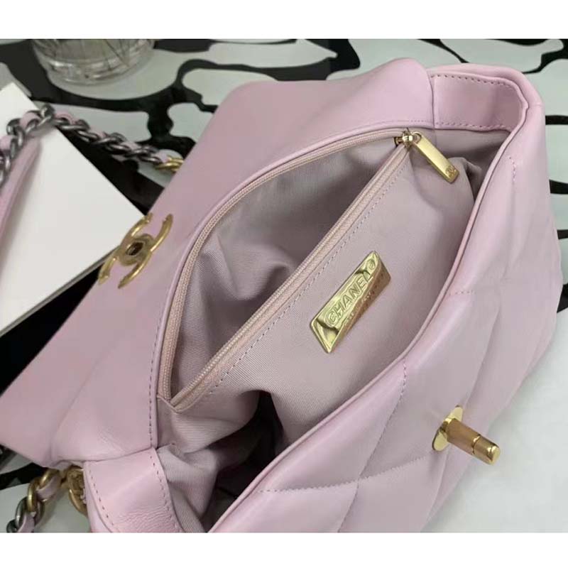 Chanel Women Chanel 19 Flap Bag Pink Lambskin Gold Silver-Tone Ruthenium-Finish Metal