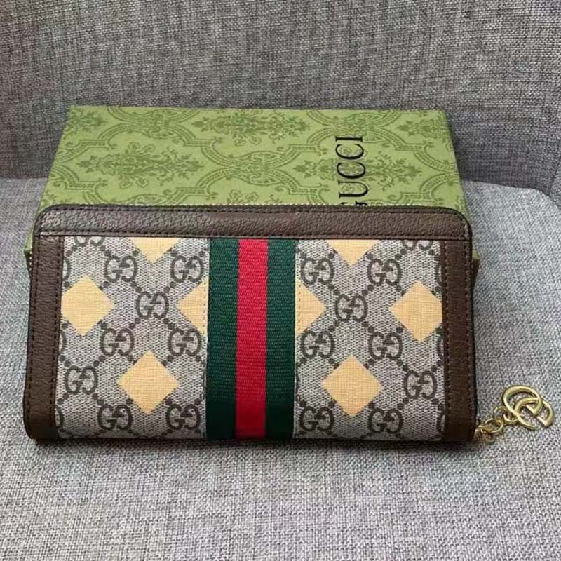 Gucci Unisex GG Ophidia Zip Around Wallet Beige Ebony GG Supreme Canvas