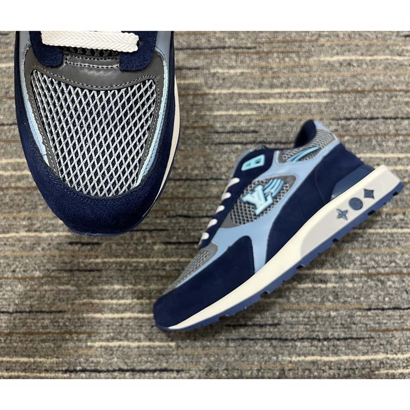 Louis Vuitton Unisex Run Away Sneaker Blue Mesh Suede Calf Leather Monogram Flowers