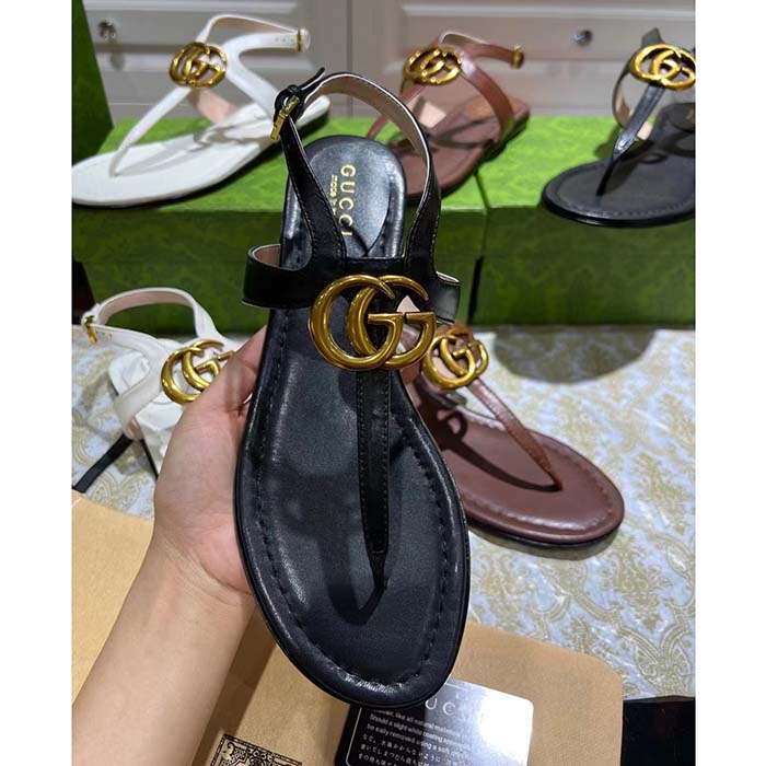 Gucci Women GG Double G Thong Sandal Black Leather Flat 0.5 CM Heel
