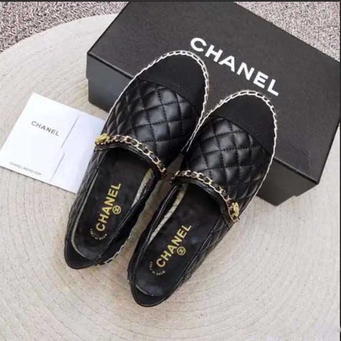Chanel Women CC Tweed Calfskin Loafer Black Leather Gold Tone Metal