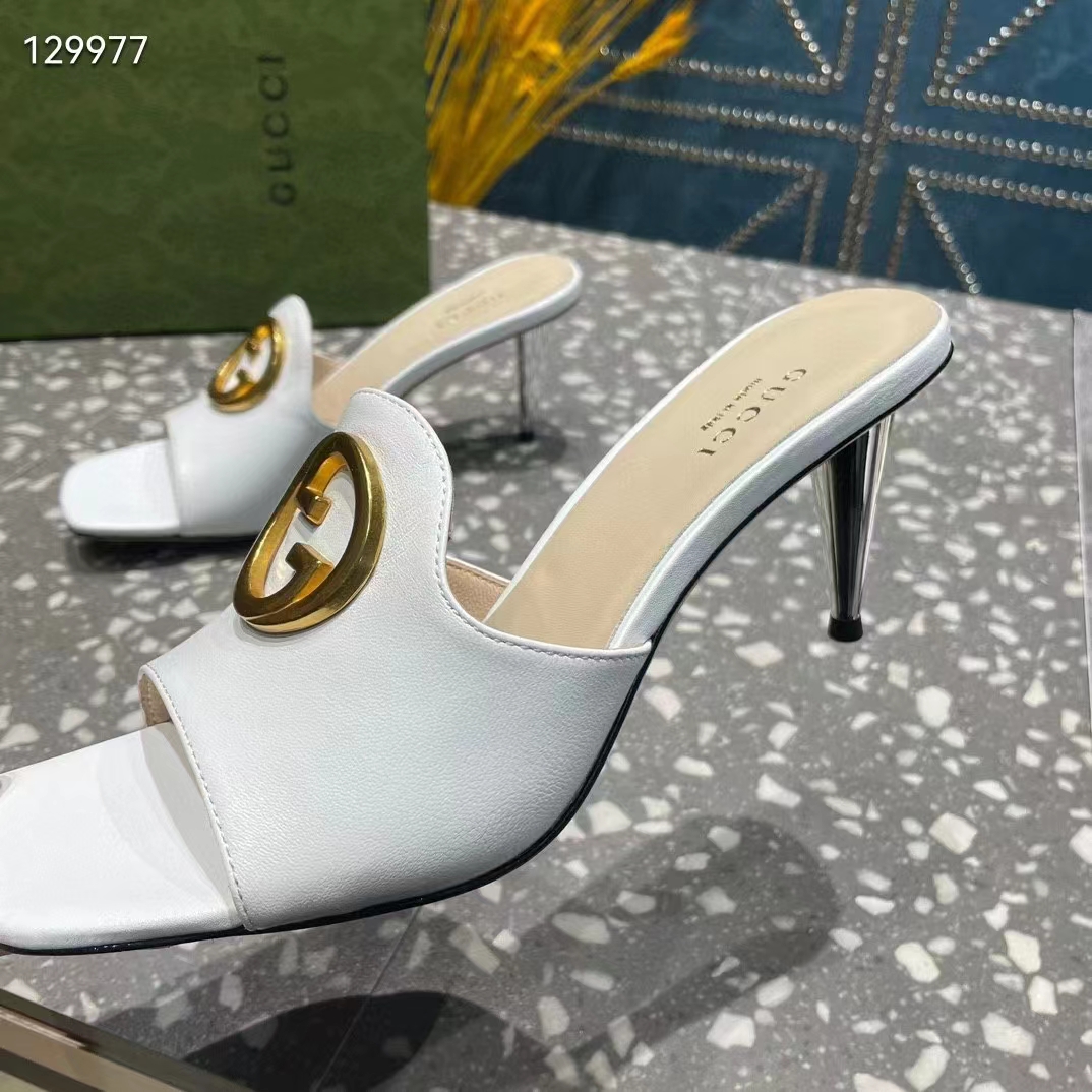 Gucci Women GG Blondie Slide Sandal White Leather Metallic Mid Heel 6.6 Cm Heel