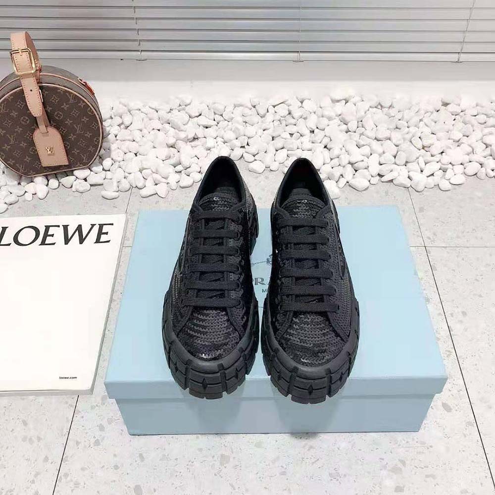 Prada Women Double Wheel Sequin Sneakers-Black