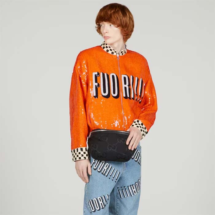 Gucci Unisex GG Jumbo GG Belt Bag Black Leather Canvas Zip Closure