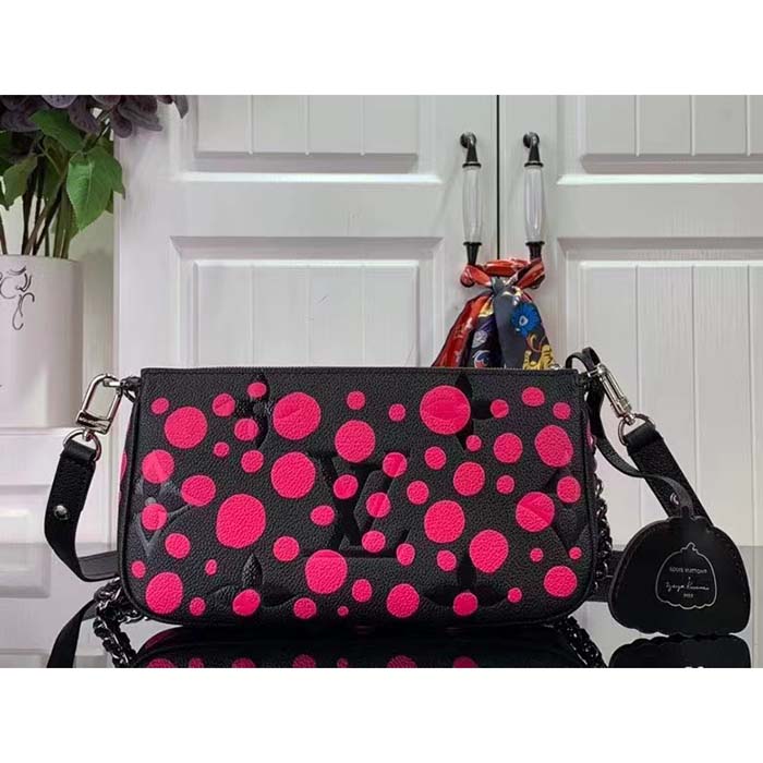 Louis Vuitton Women LV x YK Multi Pochette Accessoires Black Fuchsia Embossed Grained Monogram Empreinte Cowhide