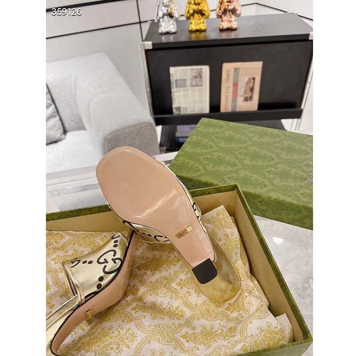 Gucci Women Adidas x Gucci Slide Sandal Gold Metallic GG Trefoil Smooth Leather