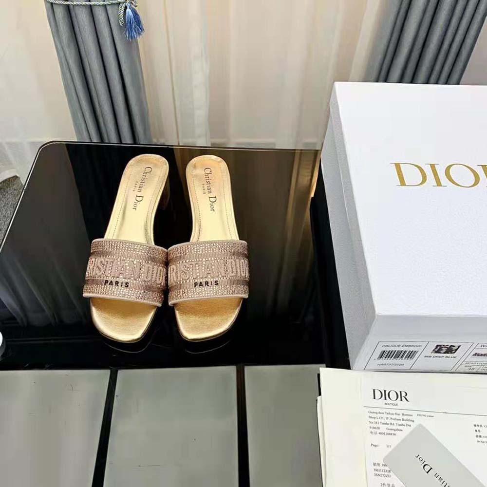 Dior Women Dway Heeled Slide Gold-Tone Cotton Embroidered