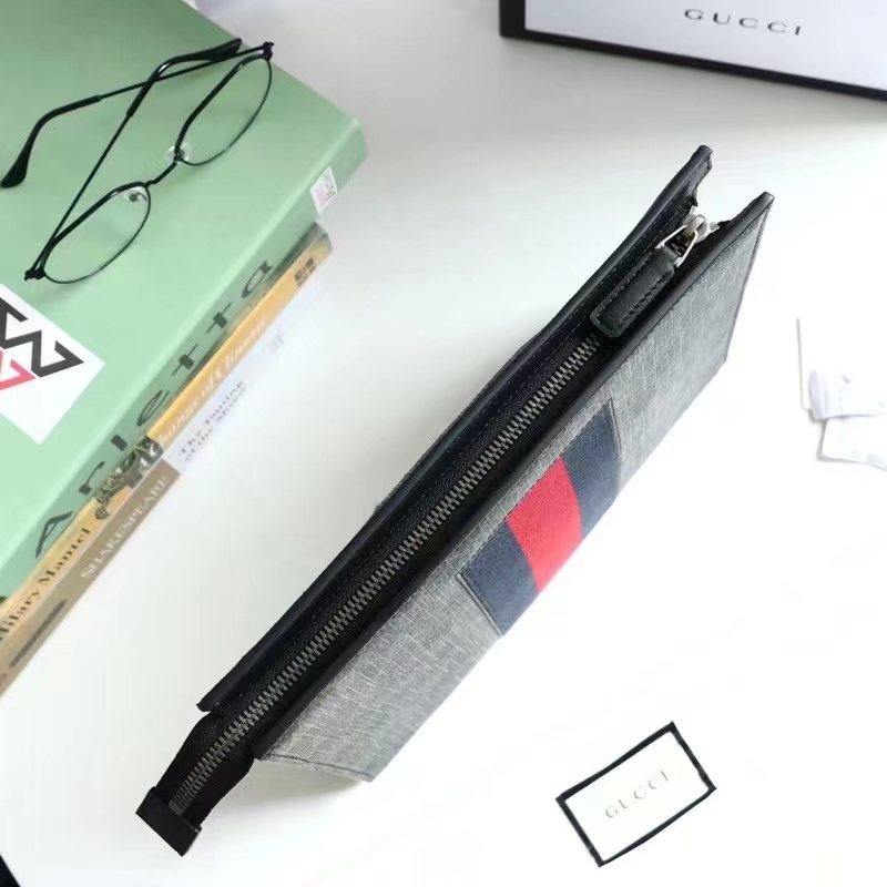 Gucci Unisex GG Black Pouch Black Grey GG Supreme Canvas Blue Red Web