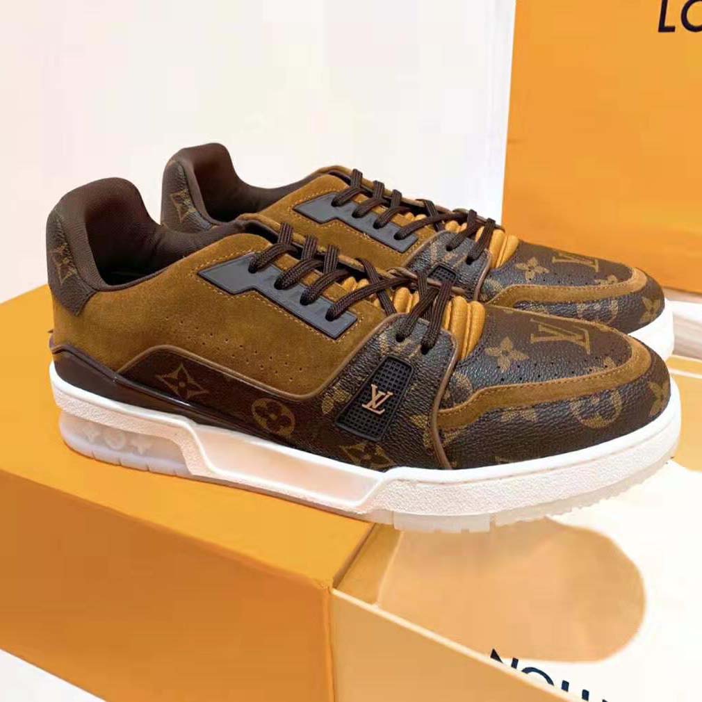 Louis Vuitton LV Unisex LV Trainer Sneaker in Monogram Canvas and Suede Calf Leather-Brown