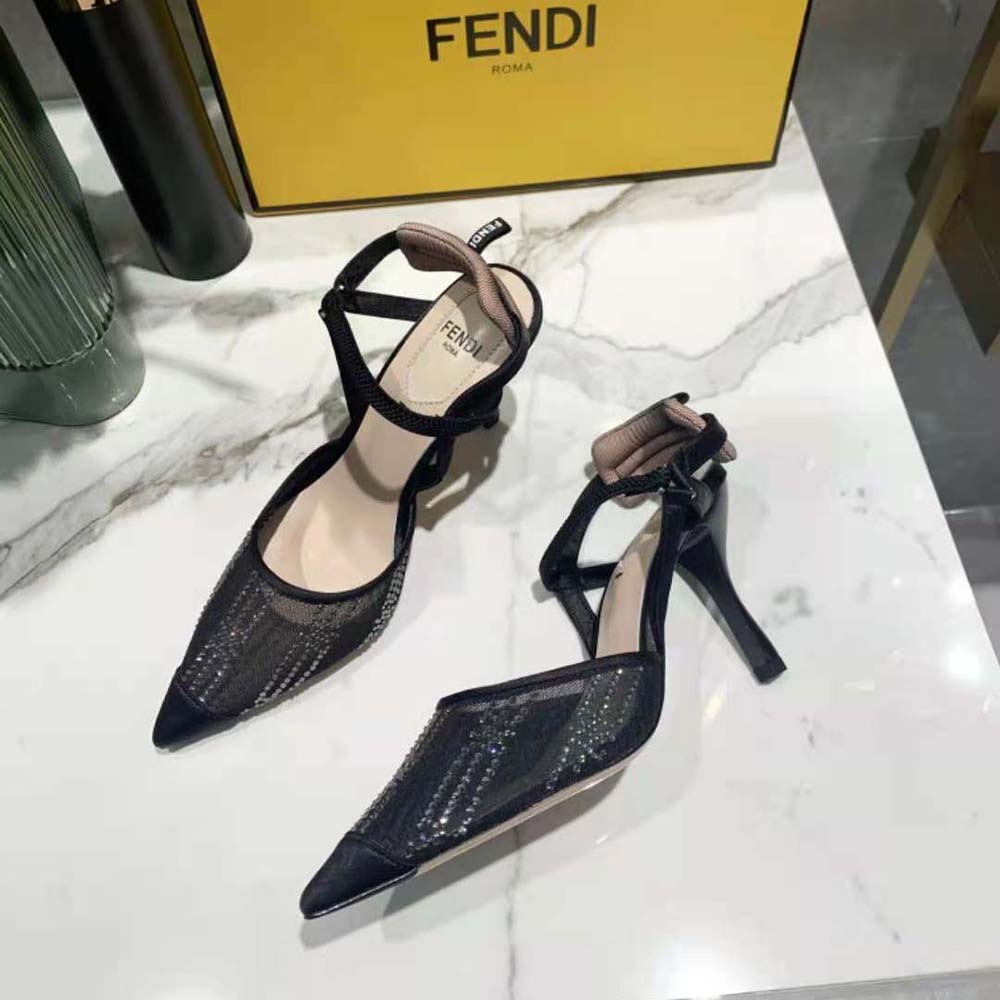 Fendi Women Colibri Black Mesh High-Heeled Slingbacks with Rhinestone Embroidery