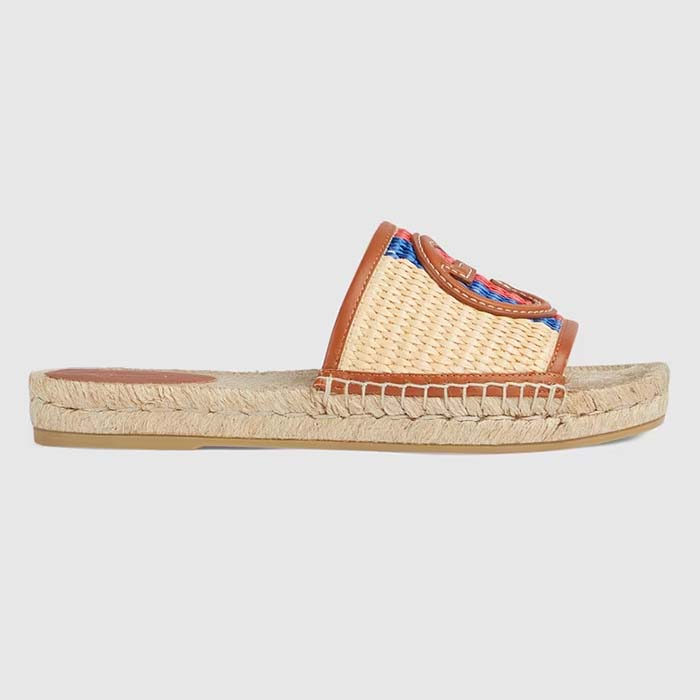 Gucci Unisex GG Interlocking G Espadrille Natural Raffia Leather Round Flat Sandal