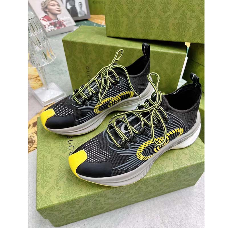 Gucci Unisex GG Run Sneaker Black Lime Technical Knit Fabric Rubber Interlocking G