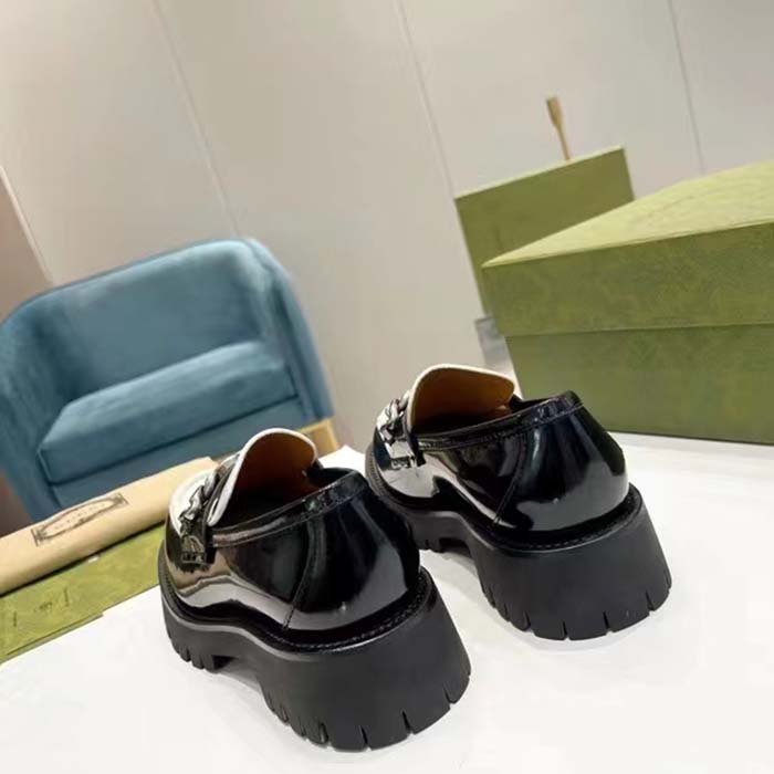 Gucci Unisex GG Loafer Interlocking G Black Off White Leather Rubber Lug Mid 4.3 CM Heel