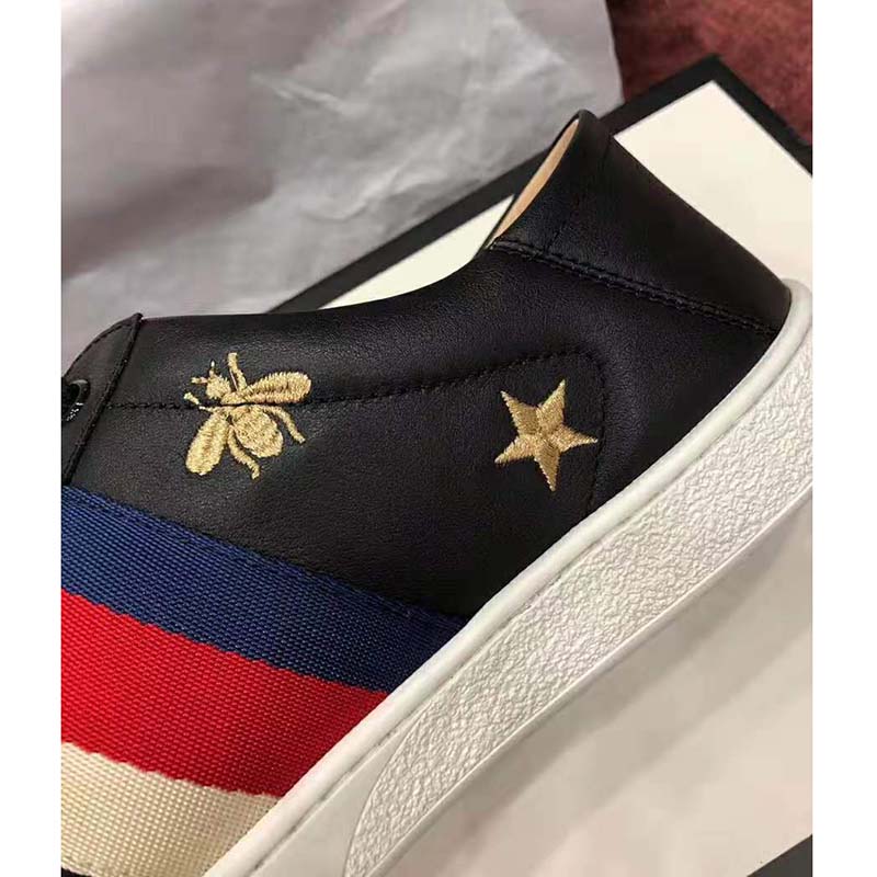 Gucci Men’s Ace Embroidered Sneaker in Black Leather with Bees and Stars