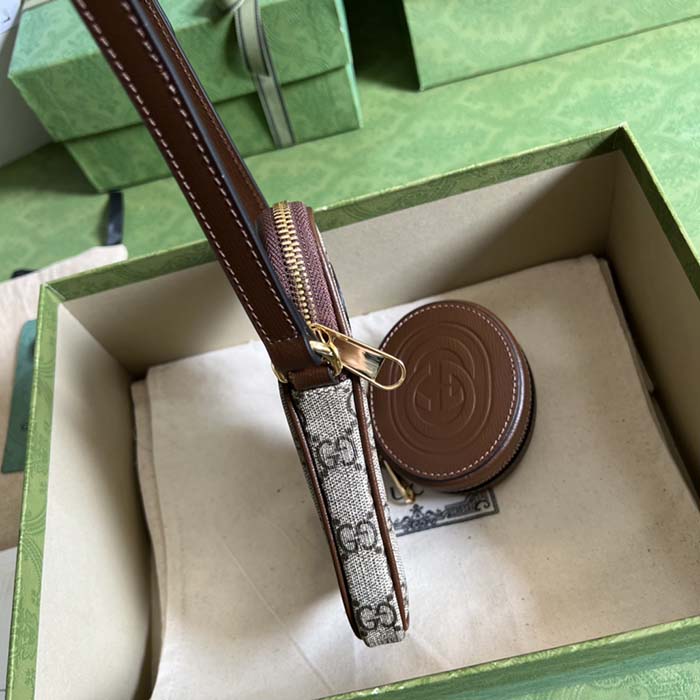 Gucci Unisex Mini Bag Interlocking G Beige Ebony GG Supreme Canvas Brown Leather