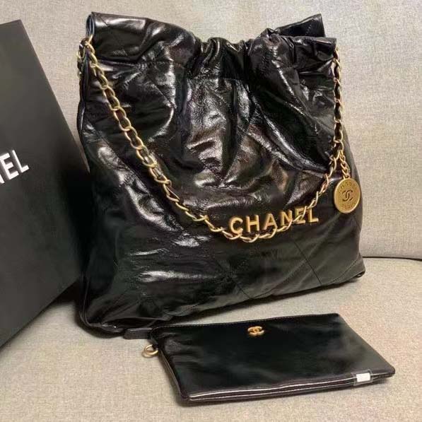 Chanel Women 22 Large Handbag Shiny Calfskin Gold-Tone Metal Black