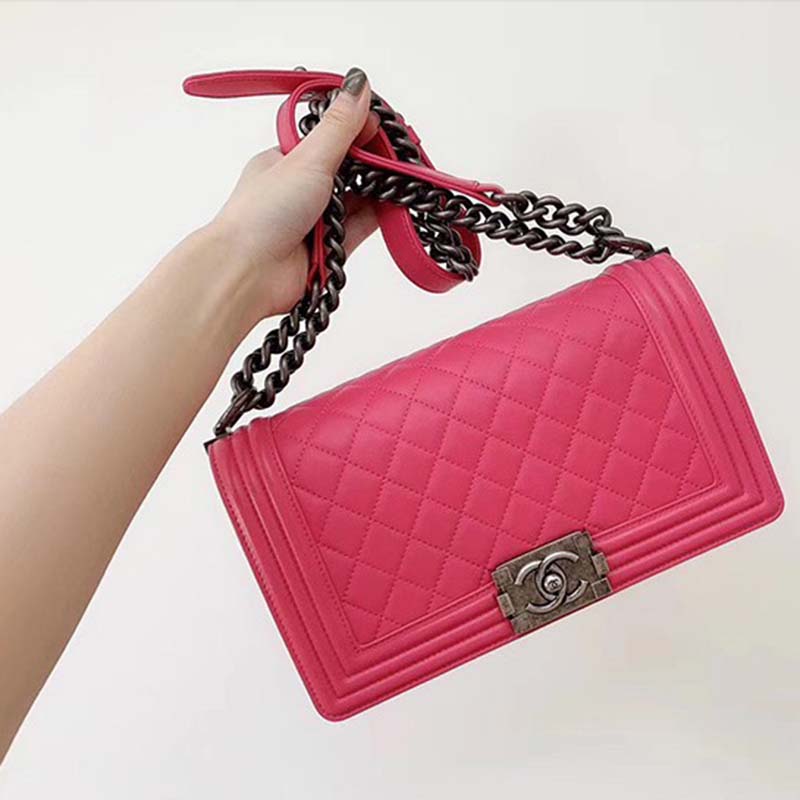 Chanel Women Leboy Flap Bag with Chain in Calfskin Leather-Rose