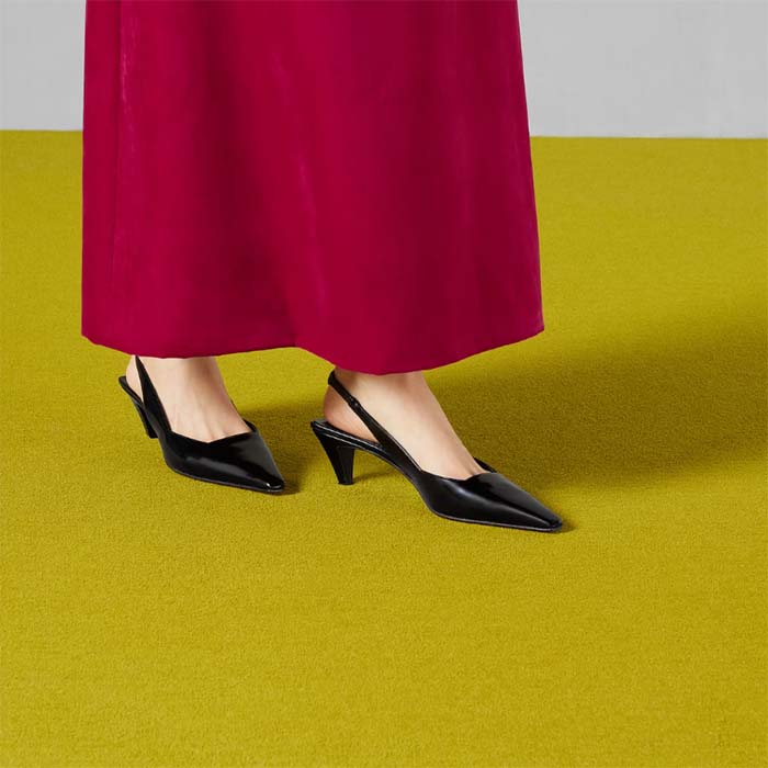 Gucci Women GG Slingback Pump Black Leather Interlocking G Square Upper Mid-Heel
