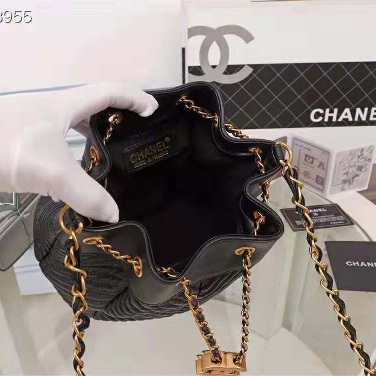 Chanel Women Drawstring Bag in Lambskin Leather-Black