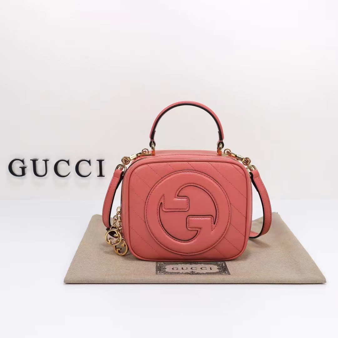 Gucci Women GG Blondie Top Handle Bag Pink Leather Round Interlocking G