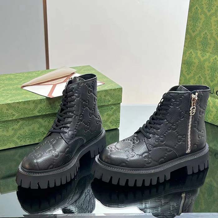 Gucci Unisex GG Leather Boots Rubber Lug Sole Lace-Up Interlocking G Flats