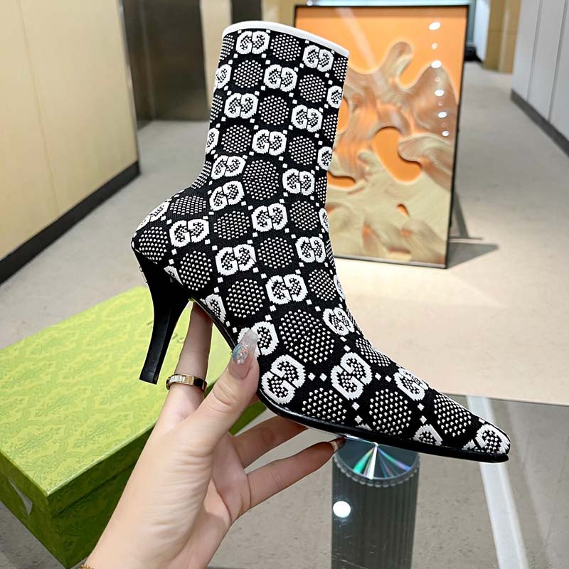 Gucci Women GG Knit Ankle Boots Black White GG Technical Fabric Leather Mid-Heel