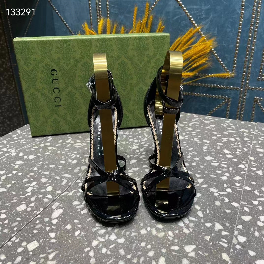Gucci Women GG Strappy Sandal Double G Black Patent Leather Crystal High 11 CM Heel
