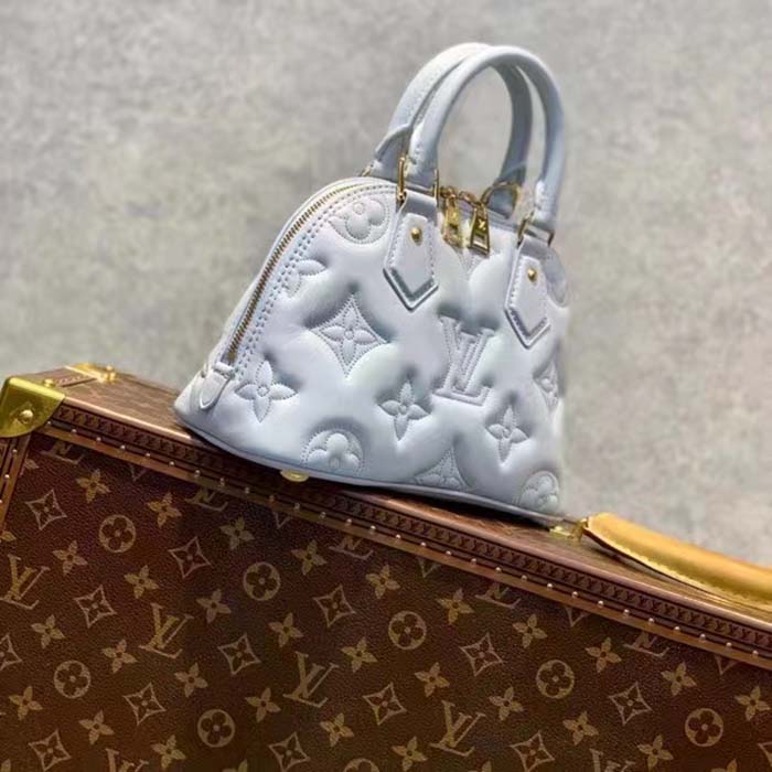 Louis Vuitton LV Women Alma BB Handbag Blue Quilted Embroidered Smooth Calf Leather