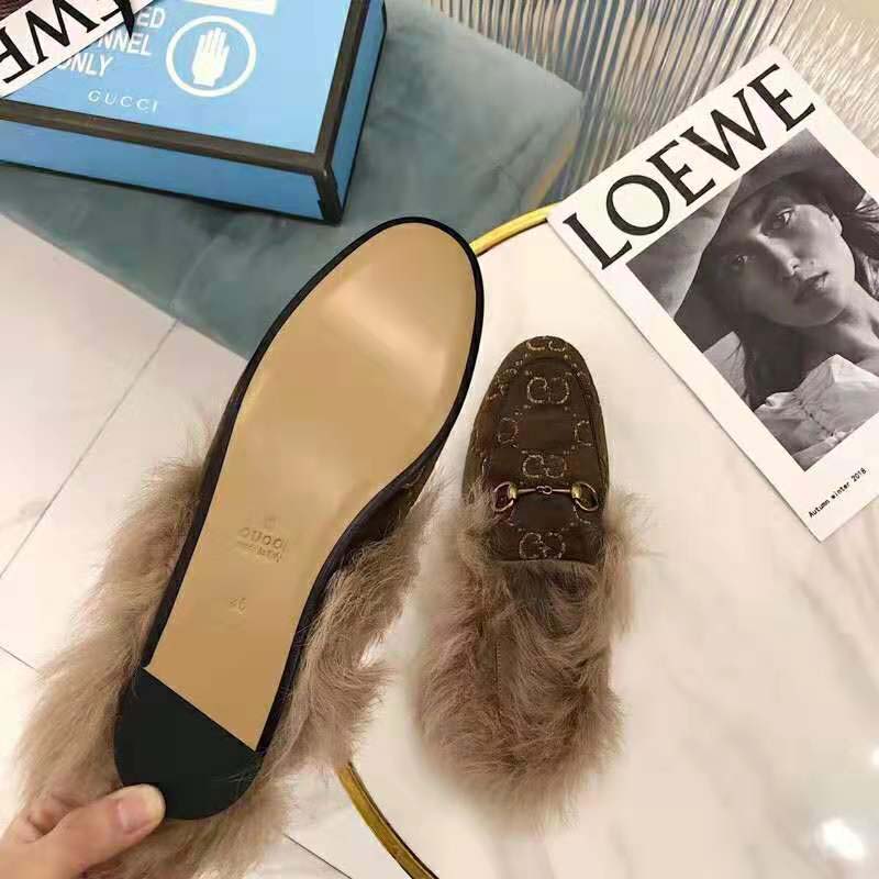 Gucci Unisex Princetown GG Velvet Slipper in Lamb Wool-Brown