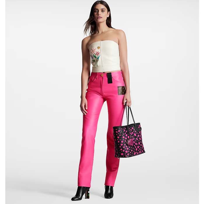 Louis Vuitton Women LV x YK Neverfull MM Black Fuchsia Embossed Grained Monogram Empreinte Cowhide