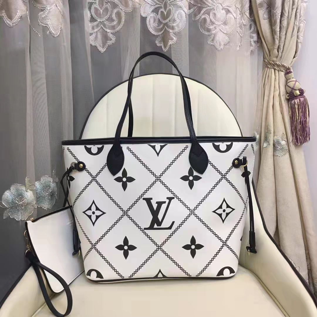 Louis Vuitton LV Women Neverfull MM Tote Crème Beige Grained Cowhide Leather