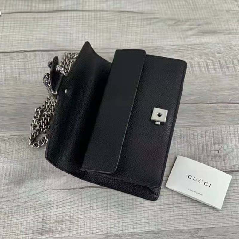 Gucci Women Dionysus Small Shoulder Bag Black Textured Leather Tiger Head