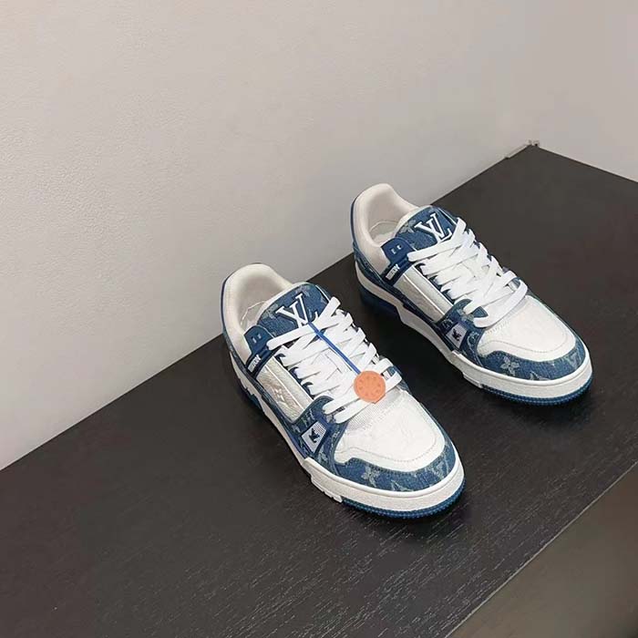 Louis Vuitton Unisex LV Trainer Sneaker Blue Monogram Denim Monogram-Embossed Grained Calf Leather