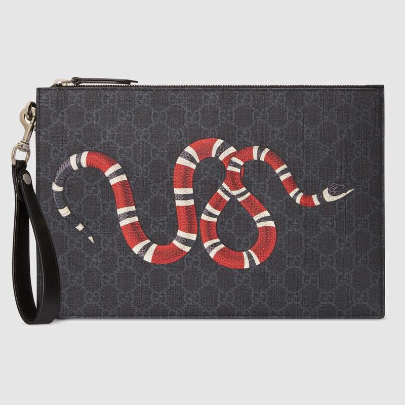 Gucci GG Men Gucci Bestiary Pouch with Kingsnake in Black/Grey GG Supreme Canvas