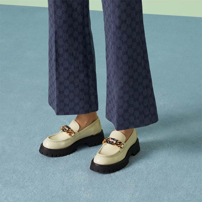 Gucci Women GG Interlocking G Lug Sole Loafer White Leather Rubber Flat 1.5 CM Heel